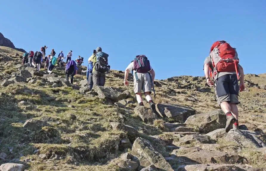 Group hiking up trail